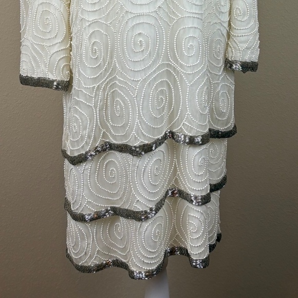 Laurence Kazar New York 100% Silk Vintage Angled Ivory Formal Beaded Midi Dress - Picture 3 of 16